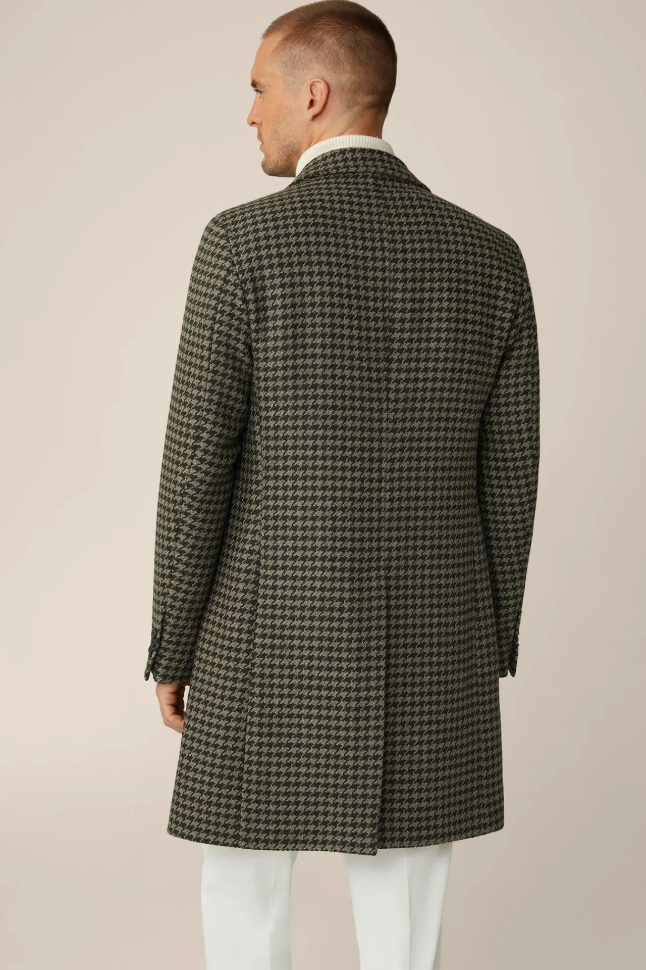 Schurwoll-Mantel Capo Mit Reverskragen Im Olive-Salbei Pepita Muster*Windsor Best