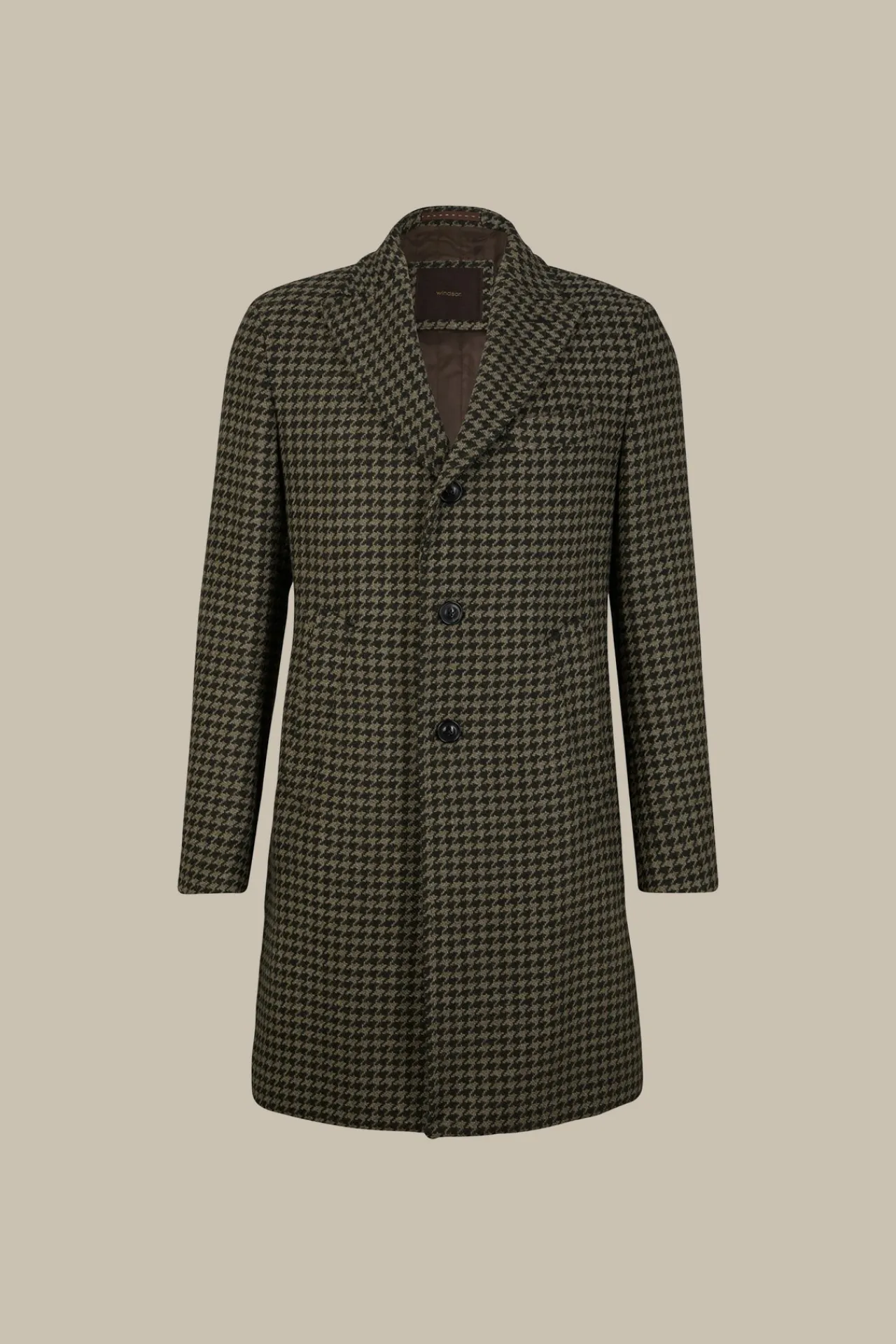 Schurwoll-Mantel Capo Mit Reverskragen Im Olive-Salbei Pepita Muster*Windsor Best