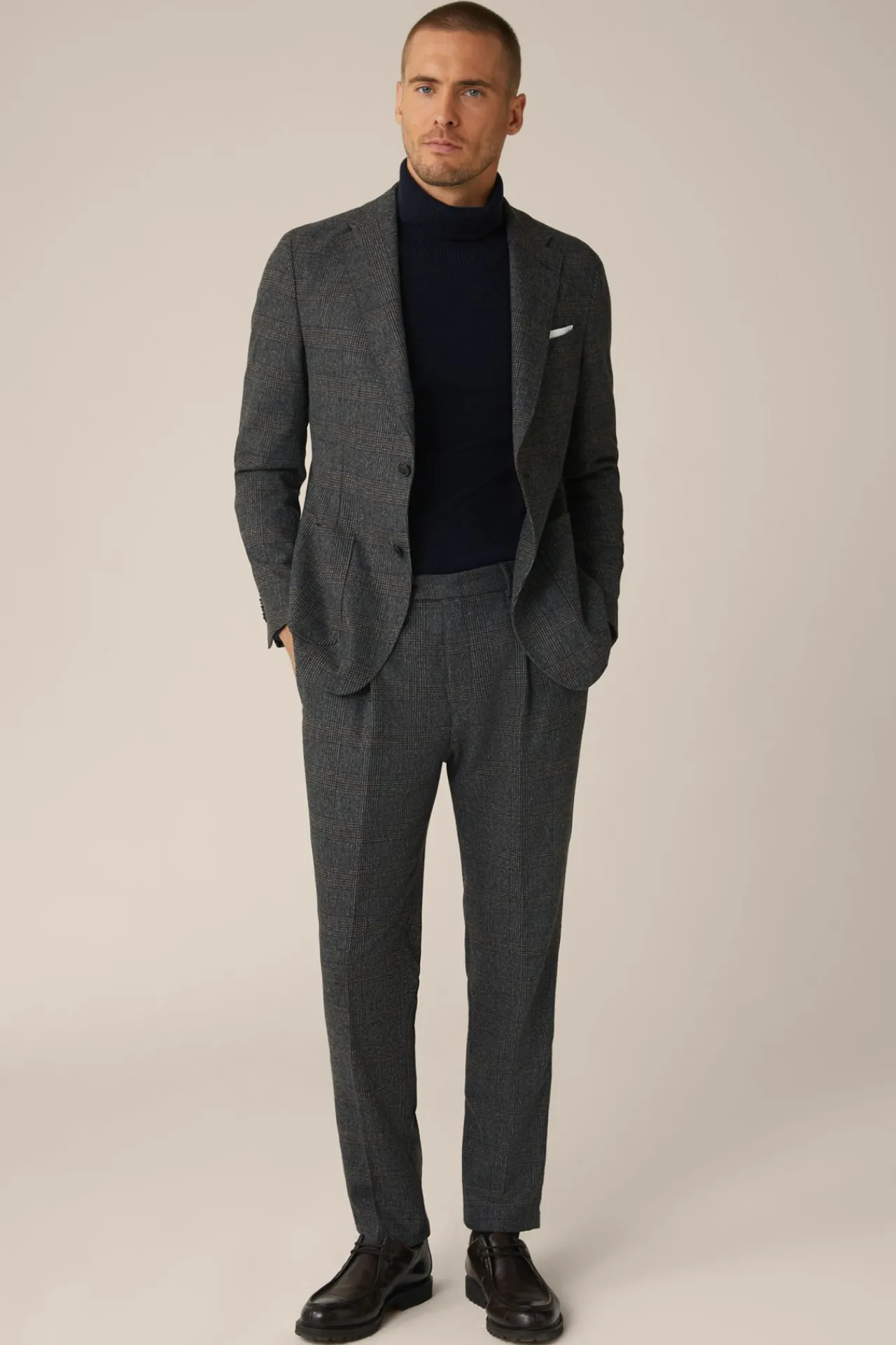 Wollmix-Baukasten-Hose Frero Mit Bundfalte In Anthrazit-Blau Check*Windsor New
