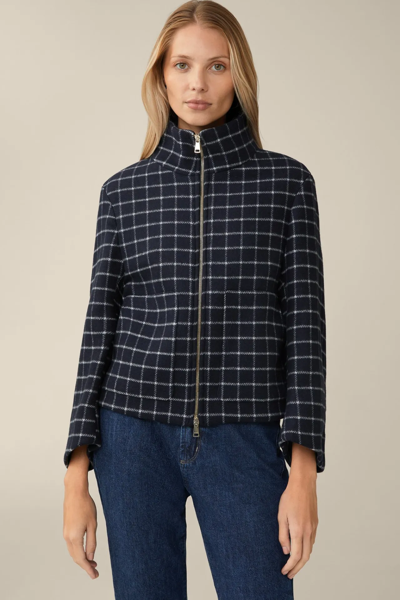 Wollmix-Cape-Jacke In Navy-Weiss Kariert*Windsor Discount